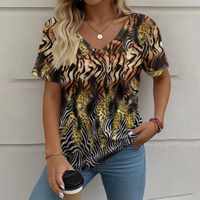 Summer Vintage Women's T-shirt Casual Graphic 3D Print Oversize Clothing Outdoor V-neck Short Sleeve Top Street Fashion T-Shirts