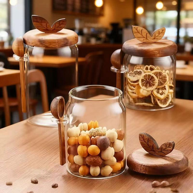Home Kitchen Transparent Glass Sealed Jar With Spoon Leaf Wooden Lid Coffee Bean Moisture Proof Spice Storage Container