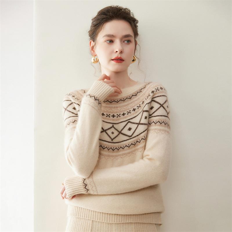 Women's Fair Isle Jacquard Cashmere Sweater - Round Neck, Pullover, Slimming Effect, Knit Base Layer for Autumn/Winter