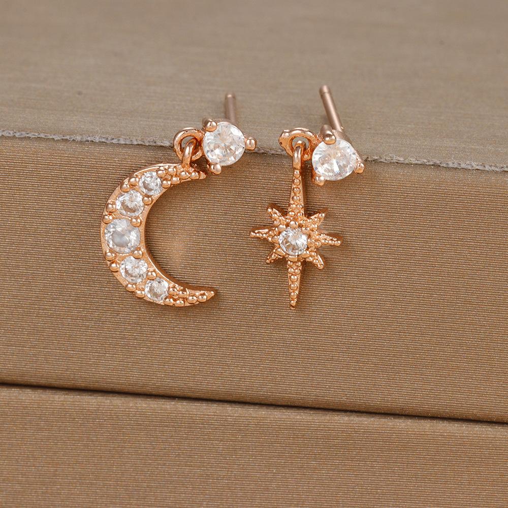 18k Asymmetrical Star And Moon Earrings, Trendy Zircon Lightning Studs, Hoops, And Drop Earrings For Women