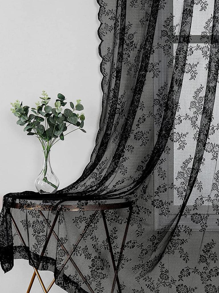 1pc Rose Pattern Single Panel Sheer Curtain, Black Embroidered Lace Curtains for Home Decor
