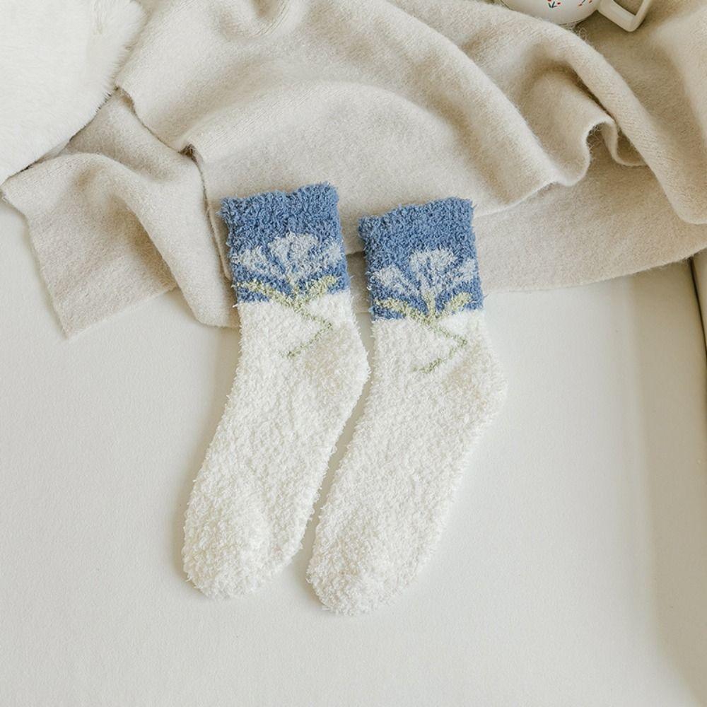 Warm Autumn Flower Trendy Tulips Pattern Sweet Thick Coral Velvet Middle Tube Korean Style Socks Female Socks