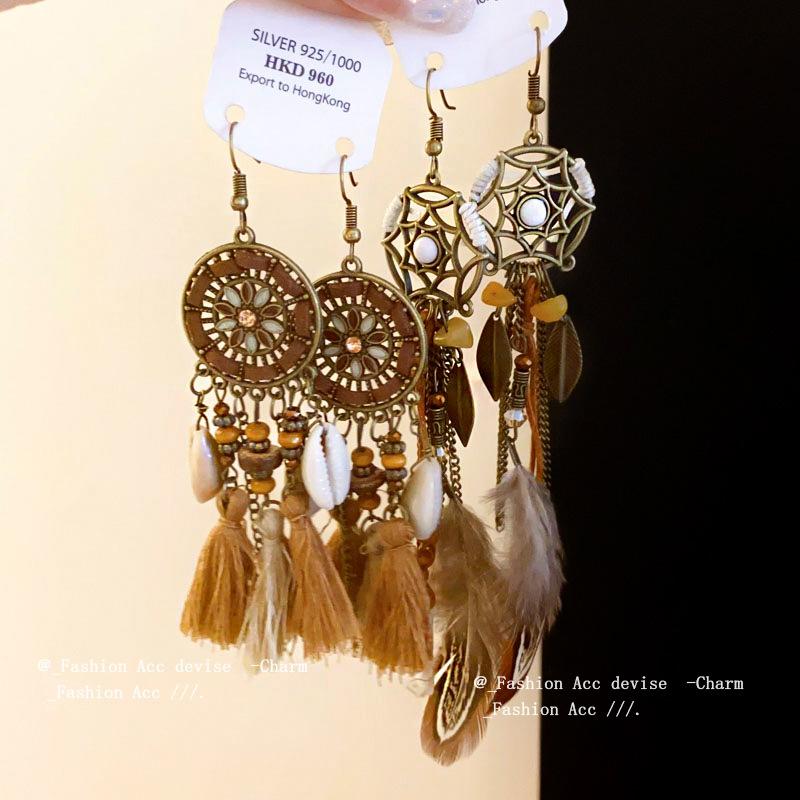 Bohemian Vintage Round Flower Conch Ear Hook Ethnic Style Tassel Earrings Personality Fashion Earrings Women