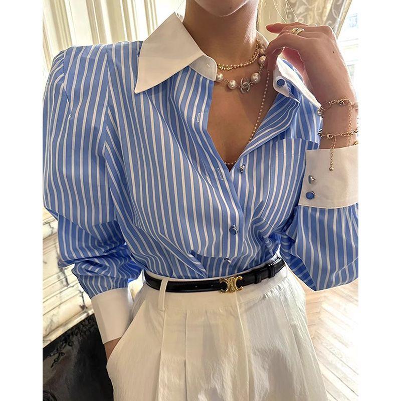 

South korea Chic Spring French style Temperament Contrast Color Lapel Single-Breasted Loose All-Match Pocket Long sleeve Stripe Shirts Women Blue All yards