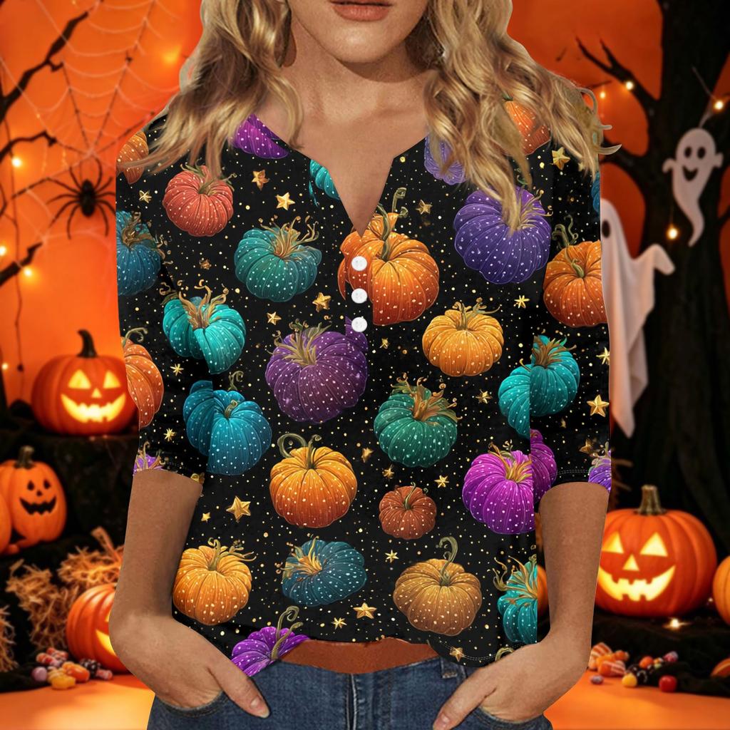 Women's Halloween Print V-Neck Short Sleeve T-Shirt with Decorative Buttons for Casual Fall Outfits