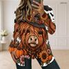 Women Plus Size Square Neck Long Sleeve Faux Two Piece Printed T Shirt Halloween Teddy Bear Pumpkin White
