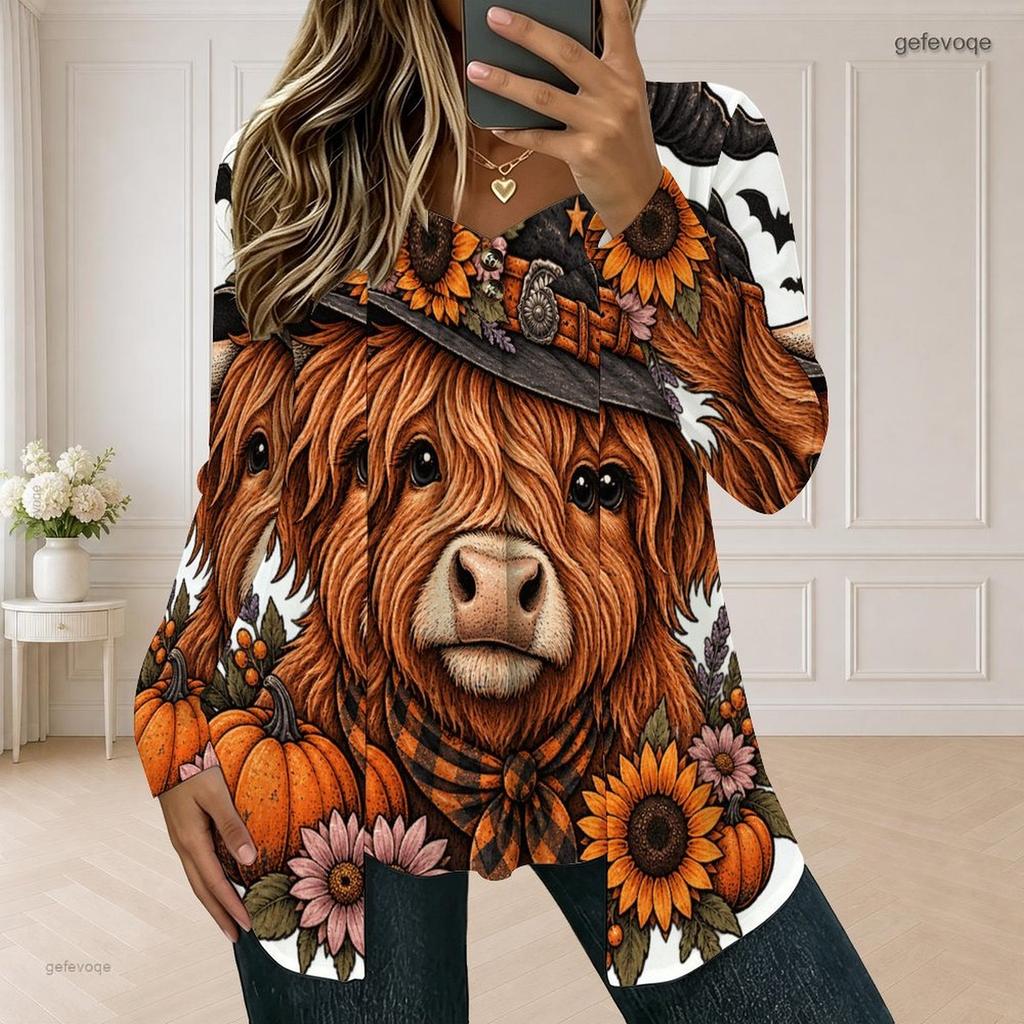 Women Plus Size Square Neck Long Sleeve Faux Two Piece Printed T Shirt Halloween Teddy Bear Pumpkin White