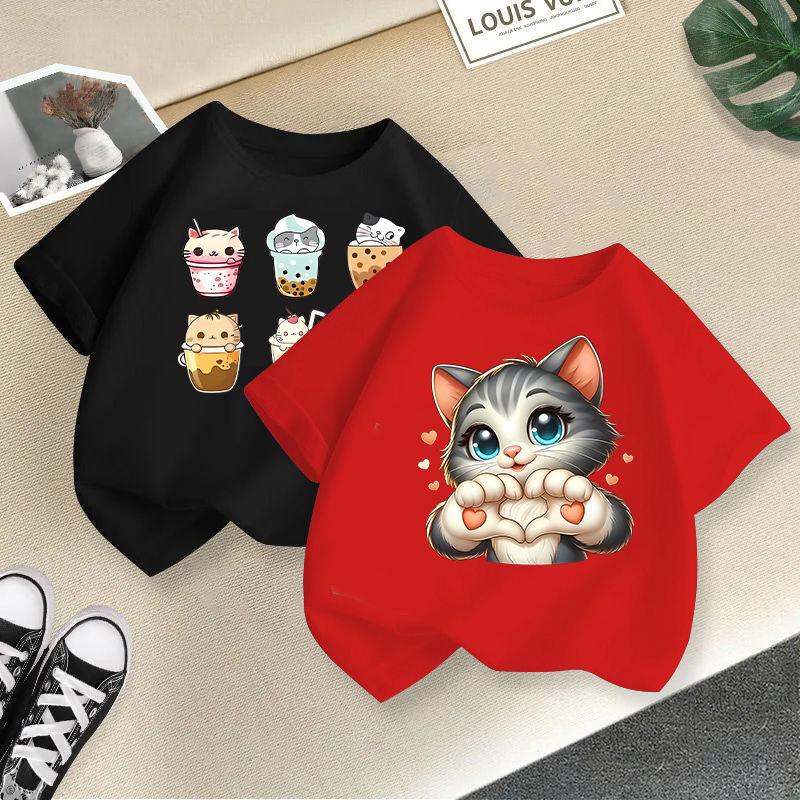 Children's Casual Short-sleeved T-shirt - Summer Boys' and Girls' Casual Cute Cat T-shirt