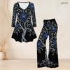 Women Plus Size Black Printed V Neck Three Quarter Sleeve Flared Top And Flared Pants Two Piece Set