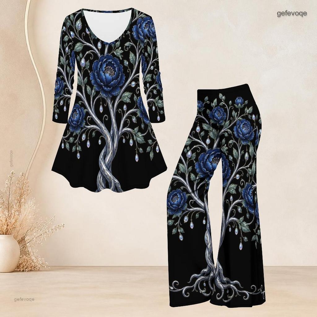 Women Plus Size Black Printed V Neck Three Quarter Sleeve Flared Top And Flared Pants Two Piece Set