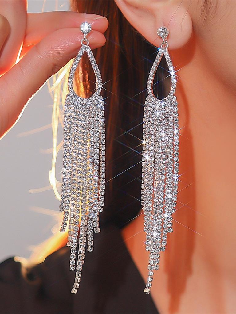 European and American Diamond-encrusted Metal Long Fringed Earrings Women's High-end Studs, Niche Temperament Earrings