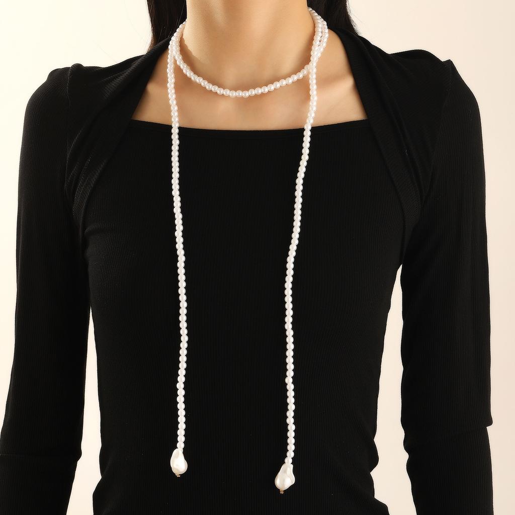 Retro Long Imitation Pearl Y‑Shape Necklace Baroque Pearl Pendant Multi‑Layer Wrap Sweater Chain for Women Dress Jewelry Gifts