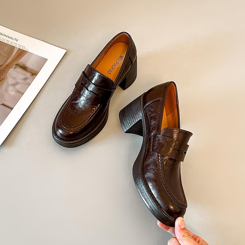 British Style Black Chunky Heel Loafers – Cowhide, Versatile, High Heel College Flats