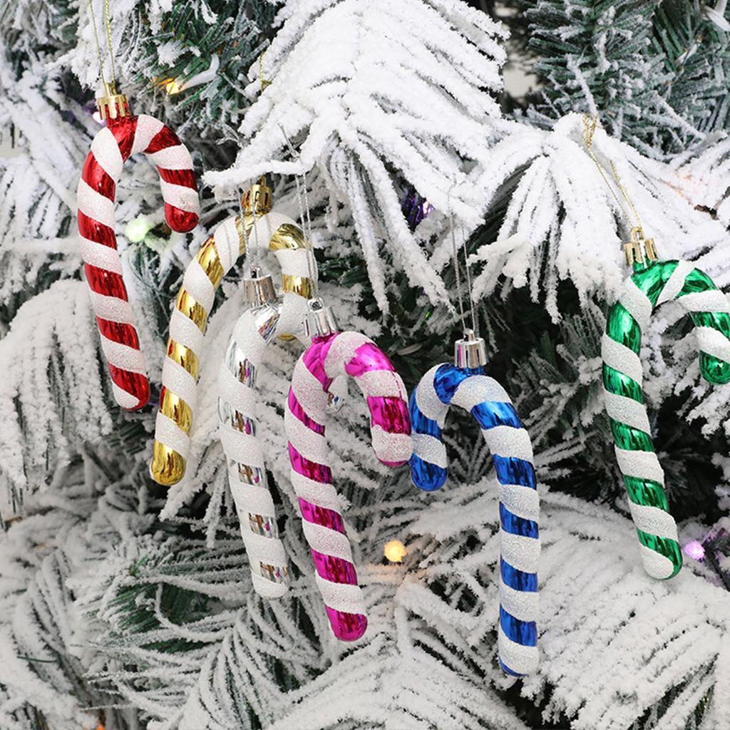 6Pcs Christmas Candy Cane Ornament Glitter Plastic Christmas Tree Hanging Pendant Decoration for Holiday Party Favors