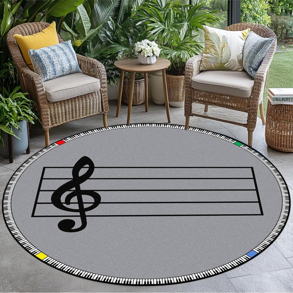 Musical Note Treble Clef Round Area Rug, Modern Music Room Non-Slip Floor Mat, Decorative Carpet for Bedroom Living Room Home