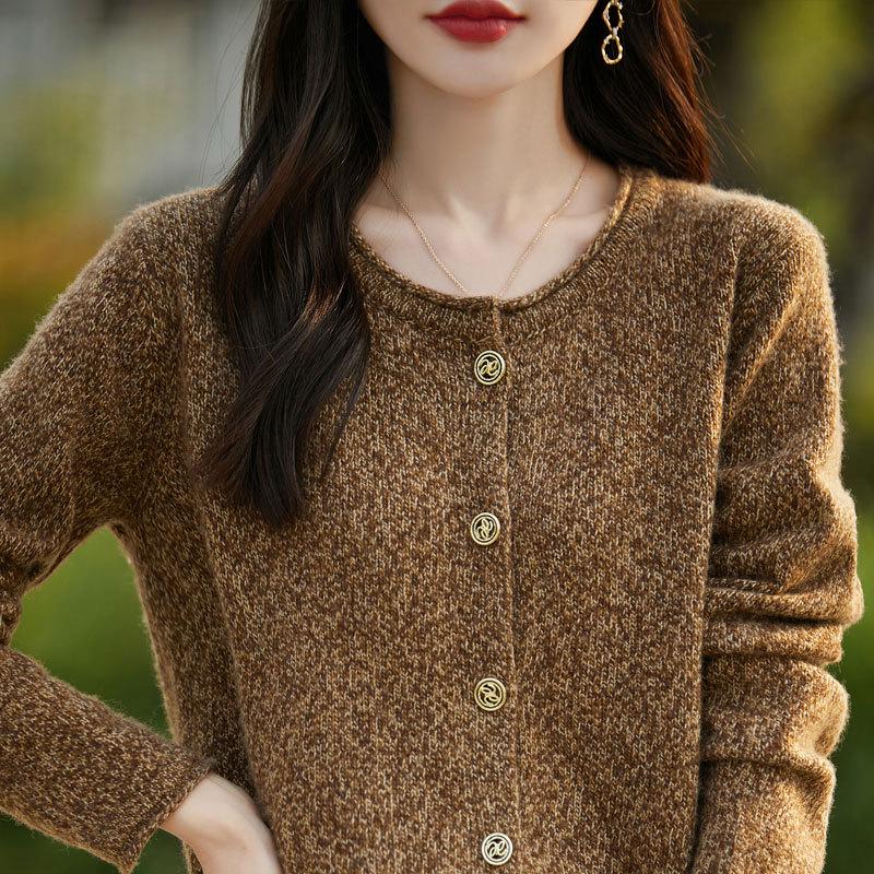 Women's Korean Style Round Neck Cashmere Cardigan - 100% Pure Wool, Casual Versatile Flower Yarn Knit Sweater
