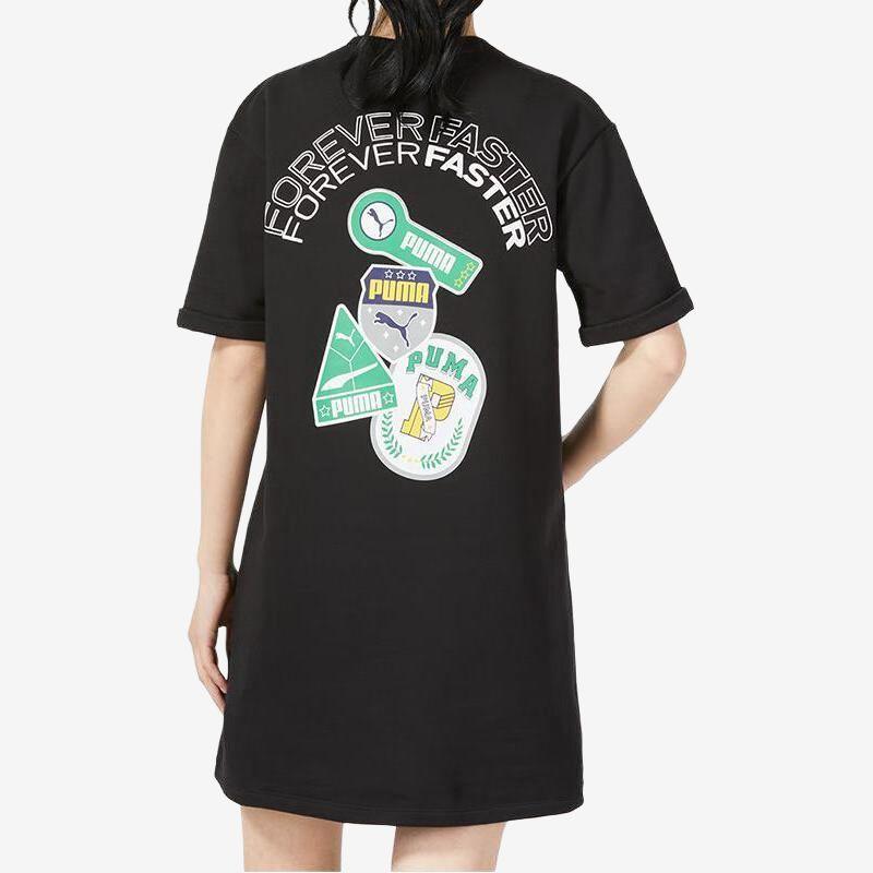 Puma Back Print Breathable Round Neck Casual Sport Pullover Midi Fitted Short Sleeve Dress Women Dress Black 623257-01
