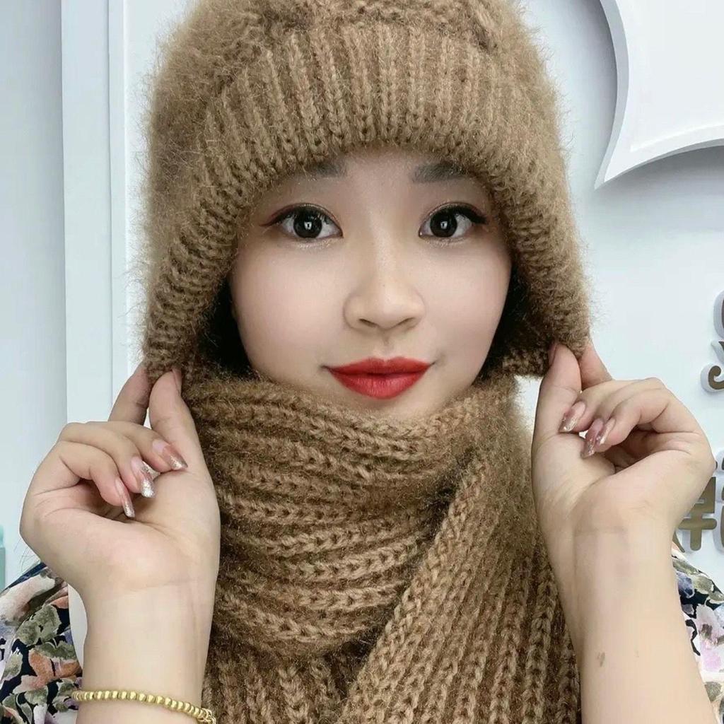 Winter Womens Warm Double Layer Padded Thickened Hat Scarf One Knitted Hat Wool Knitting Net Explosion Models Wind Snow Beanies Hats