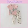 Girl Summer Rabbit Cotton Two Piece Set With Short Sleeve Top And Long Pants For Kids 3 To 8 Years