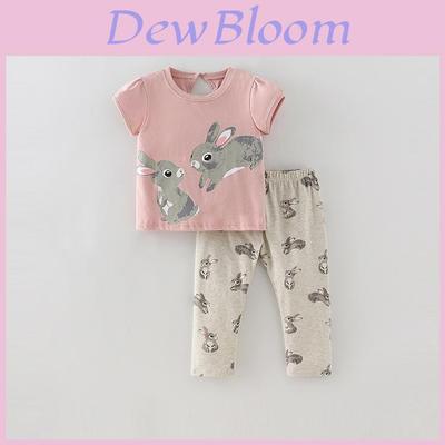 Girl Summer Rabbit Cotton Two Piece Set With Short Sleeve Top And Long Pants For Kids 3 To 8 Years