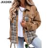 Moda damă ocazional imprimeu carouri toamnă iarnă cu mâneci lungi pe gât POLO Jachete și paltoane