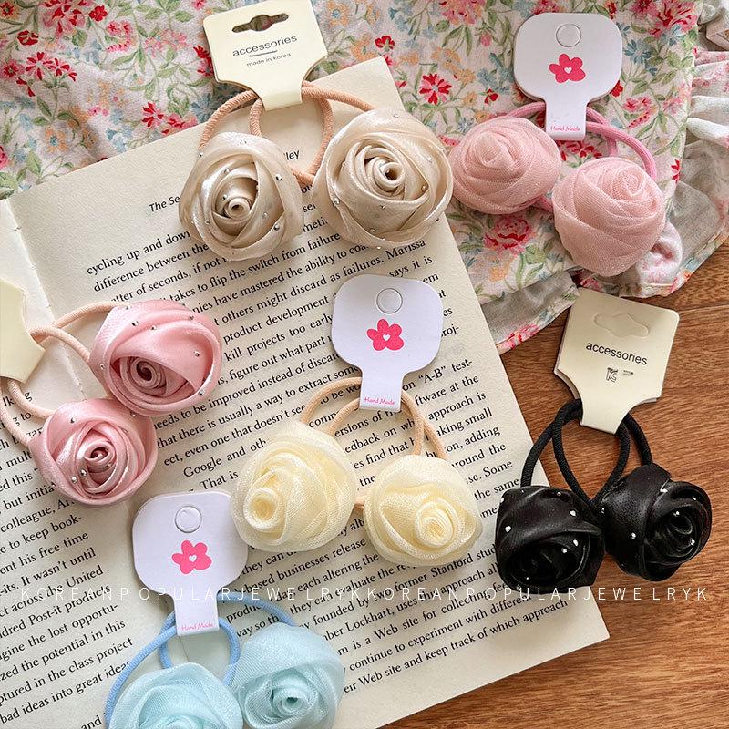 Set elastic de păr cu strasuri trandafir dulce: Accesoriu pentru Coadă de Cal cu Dantelă Elastică Înaltă cu Flori pentru Copii