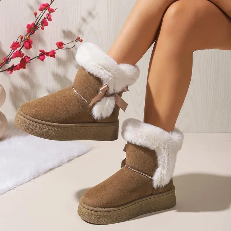 Fashion Women Boots Fashion Bow Round Toe Elegant Snow Boots Winter Flat Wear-resistant Plus Velvet Warm Women Shoes Zapatos De Mujer