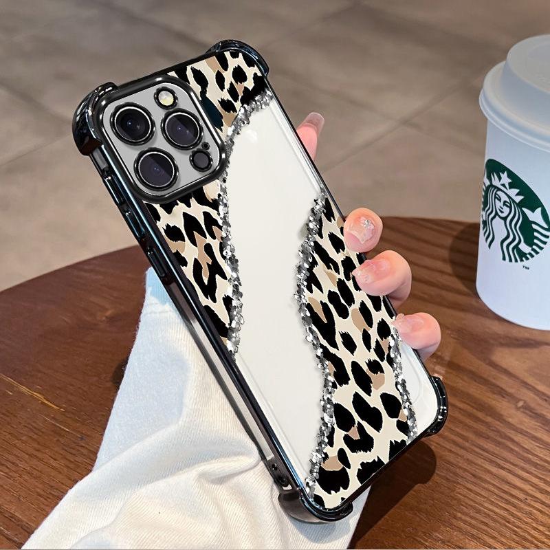 European and American broken diamonds and leopard print are suitable for Apple 17pm electroplating airbag mobile phone case iphone13 light luxury