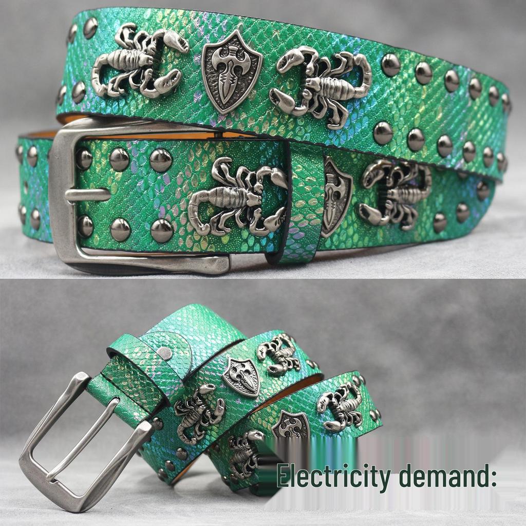 Kožený opasek s nýty ve tvaru lebky: Unisex punkový pásek s potiskem hada