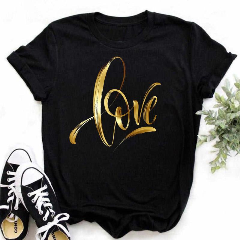 New Women T Shirt Gold Letter Love Print T Shirt Female Short Sleeve Tops Tee 90s Girls Black T-shirt Women Casual Tee Shirts