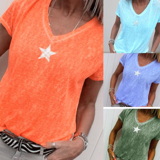 

Женская футболка с пятиконечной звездой и коротким рукавом с V-образным вырезом, свободная блузка для вечеринки L небесно-голубой