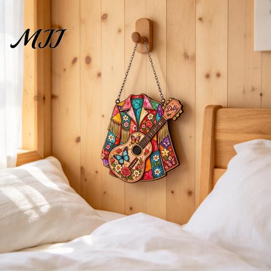 Artistic Window Hanging Western Country Art Suncatcher, Jacket & Guitar Stained Glass Style Sun Catcher, Home Accessories 2D Acrylic Ornament for Wall