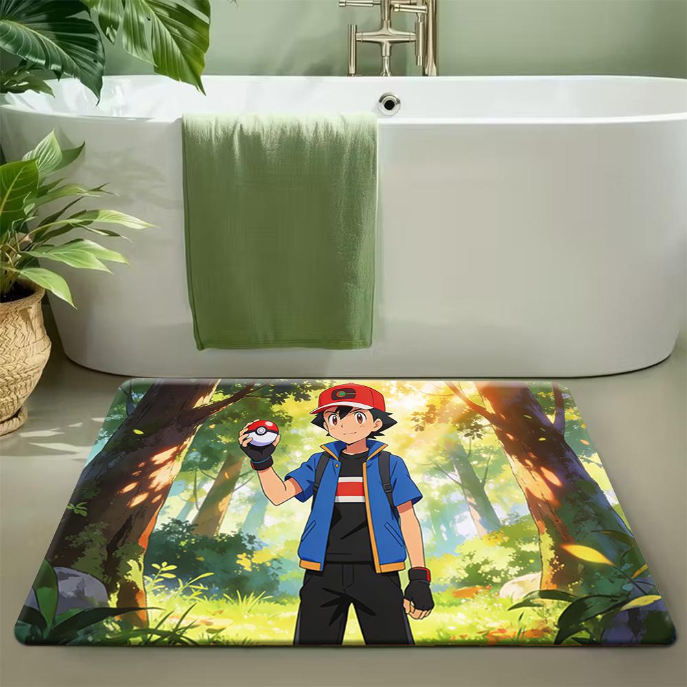 Cute Pokemon Pikachu and Starters Forest Print Non-slip Doormat, Soft Absorbent Floor Rug for Home Decor