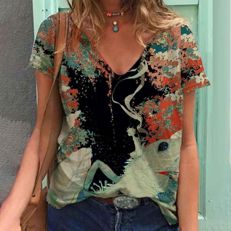 Women's Summer Women's V-neck Flower Colorful Digital Printed Casual T-shirt for Women Shirt