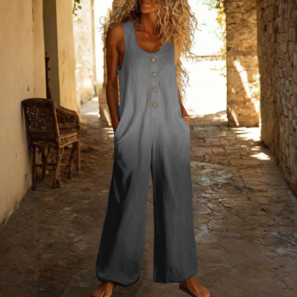 Lässiger ärmelloser lockerer Jumpsuit mit Taschen und verstellbaren Trägern für Damen (lange Länge).