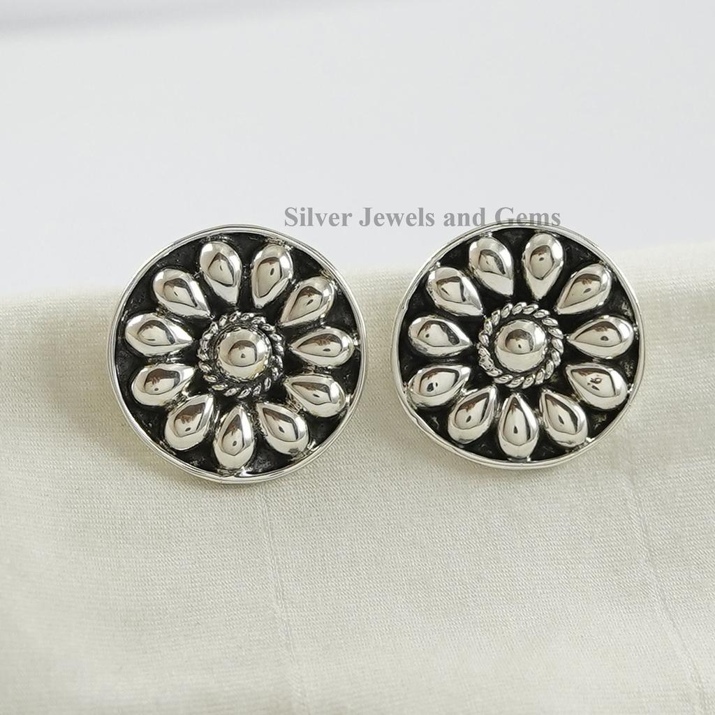Puffed Stud Earring, Handmade Stud Earrings, 925 Sterling Silver Studs, Gift for Sister, Round Puffy Studs, Silver Dainty Jewelry