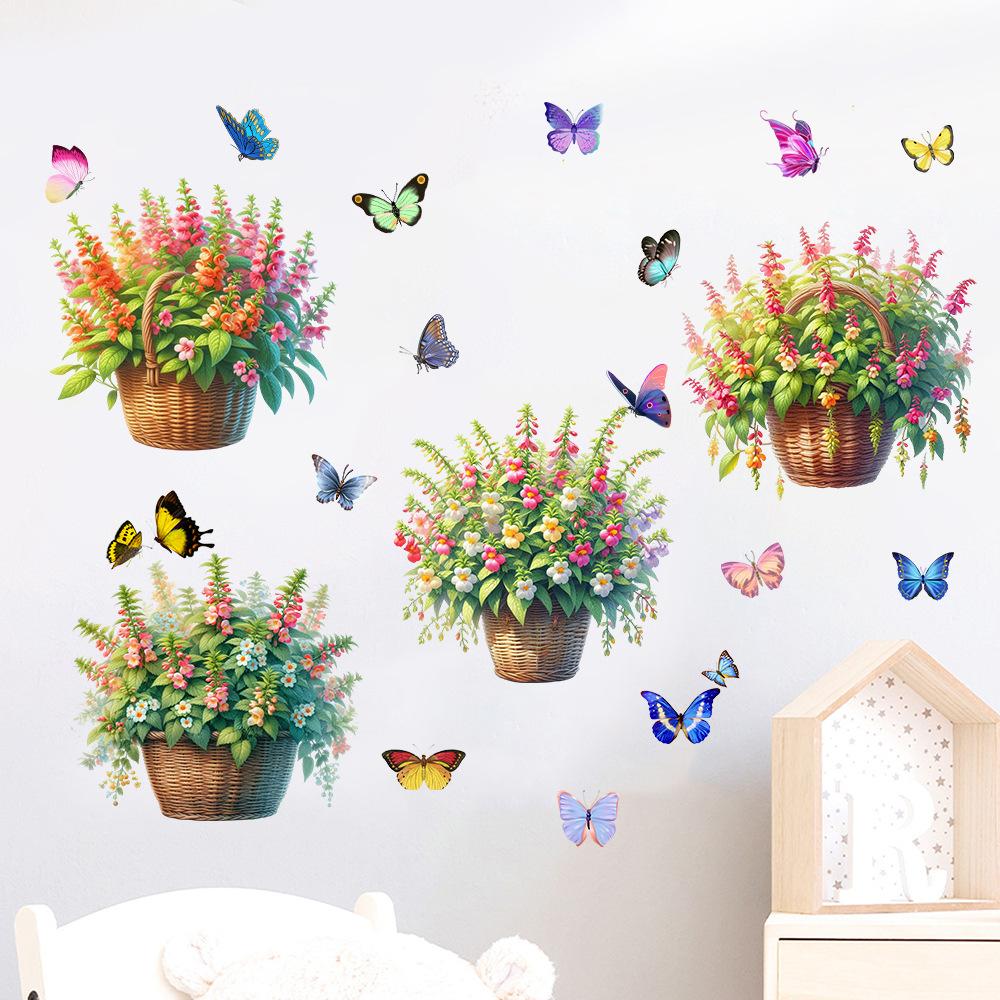 Flower Basket Butterfly Rose Peony Decals Self-adhesive Waterproof Wall Sticker