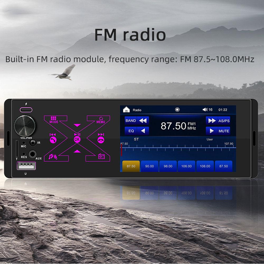 2026 Portable Car Radio Stereo 1 Din 4.1" Touchscreen Bluetooth MP5 Player USB Type-C Charge TF AUX FM RCA Audio 7 Color Lights Vedio Input 60W*4 12V