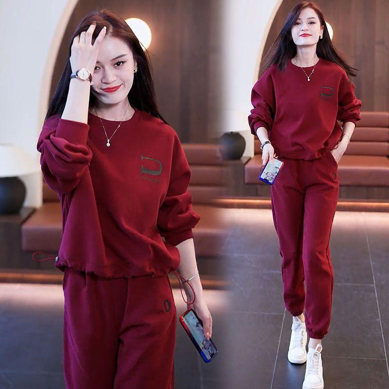 Dámská ležérní sportovní souprava Jarní a podzimní móda Volný kulatý výstřih Nadměrná velikost Svetr Kalhoty Dvoudílná souprava
