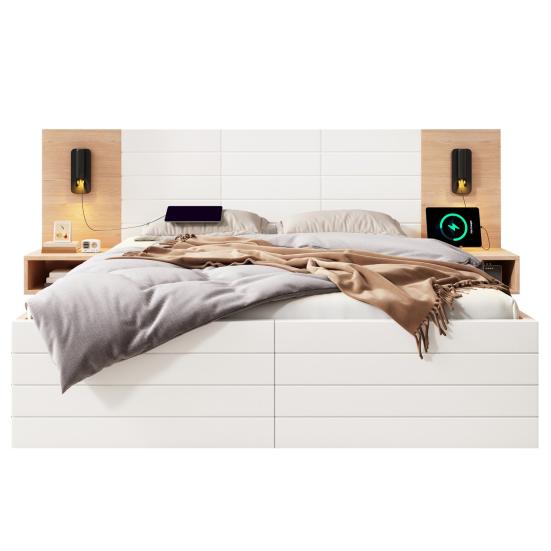 Teen Bed 180x200cm Double with 2 Drawers Bedside Cabinets Reading Light USB Youth Charging Function Headboard Strong Wood Slat Support Bedroom