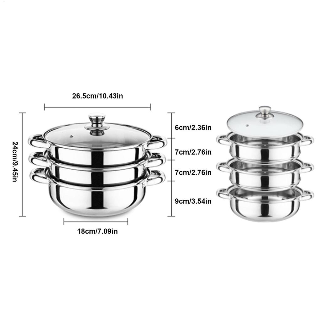 Stainless Steel Steamer Pot Set with Glass Lid Multi Layer Stackable Cookware for Dumplings Fish Vegetables Healthy Meal Cooking