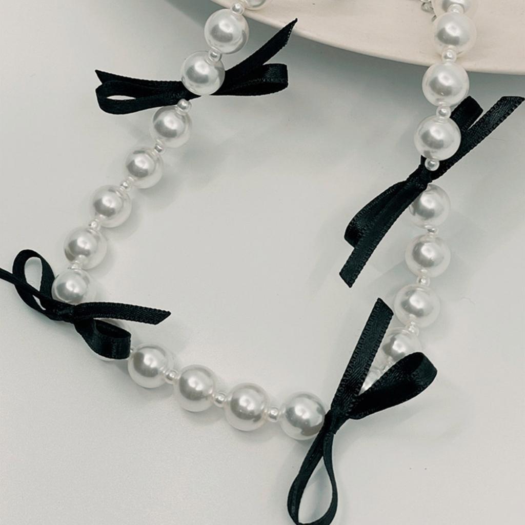 Fashionable Black Ribbon Bowknot Necklace Faux Pearl Alloy Chain Choker Fashion Cool Girls Clavicular Chain Jewelry