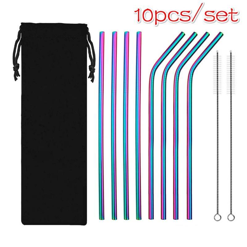 10 Pcs Metal Reusable 304 Stainless Steel Straws Straight Bent Drinking Straw with Case Cleaning Bru