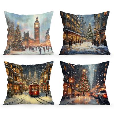 Christmas Street Cushion Pillowcase Printed Polyester 40/45/50Cm Throw Pillowcover Decorative Sofa Cushion Pillowslip Home Decor