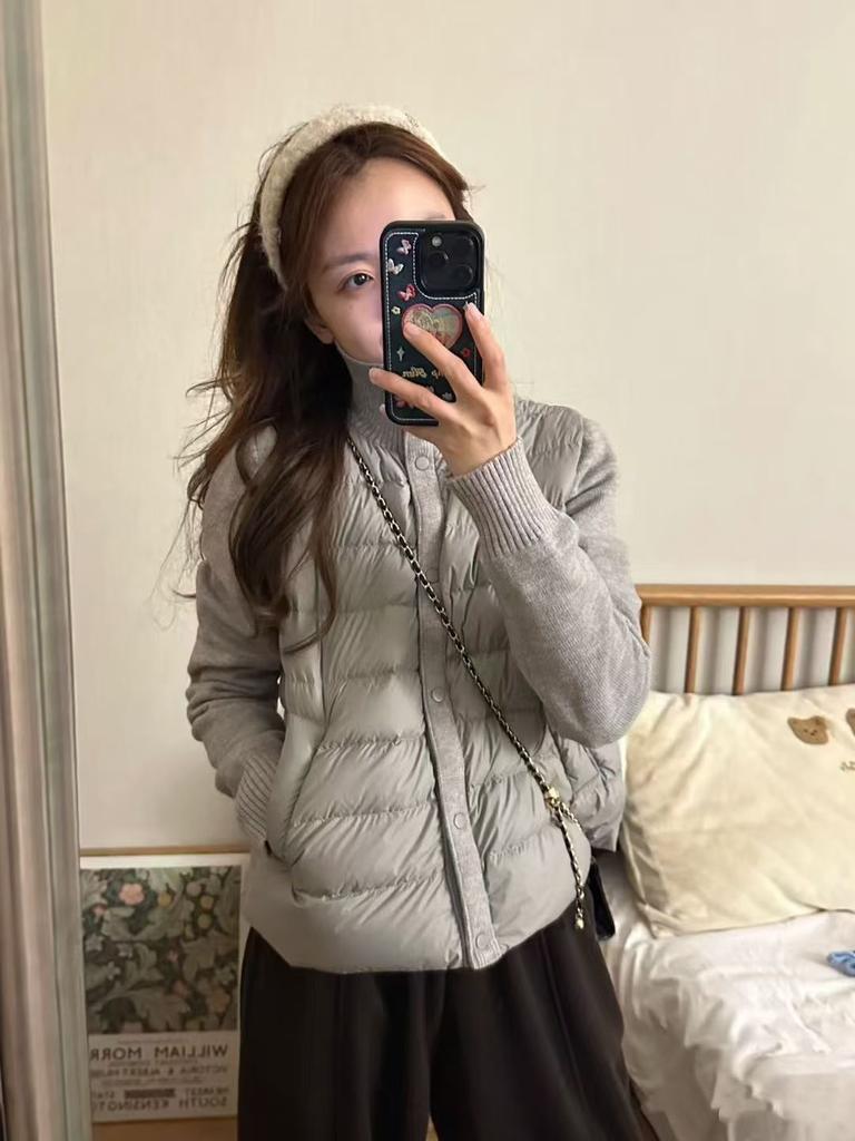 Autumn and winter new knitted stand-up collar splicing white duck down ribs down jacket women's short warm and light jacket