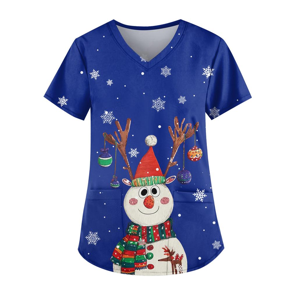 Ladies' Fashionable V-neck Pocket Short Sleeved Christmas Tree Printed Caregiver Uniform