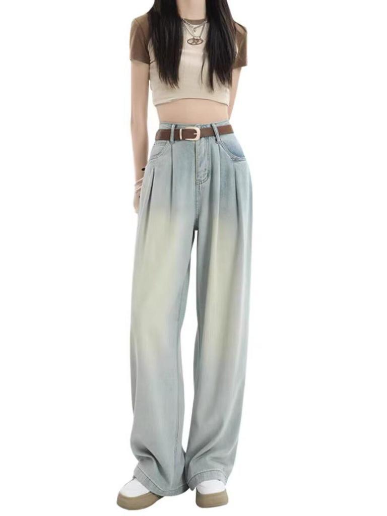 Women's Spring & Summer High-Waisted Light Blue Washed Wide-Leg Jeans - Slimming Pleated Floor-Length Design