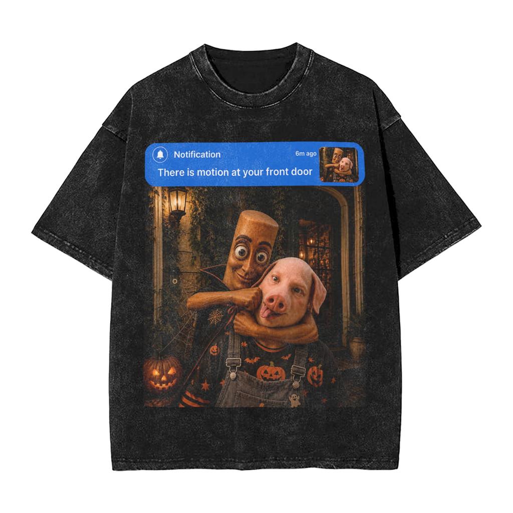 Fun Motion at Your Front Door Tung Sahur John Pork Halloween T-Shirt Men Round Collar Cotton Washed T Shirts Short Sleeve Tees