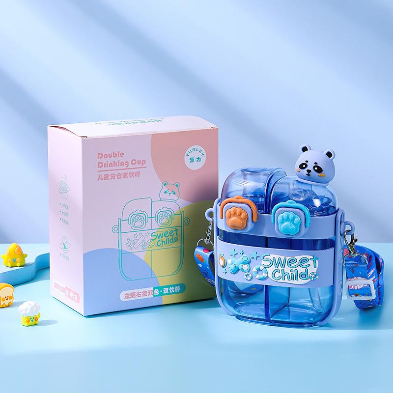 

New Cute Double-drinking Children s Straw Cup, Double-compartment Plastic Water Cup, Straw Water Bottle 500ml королівський синій колір