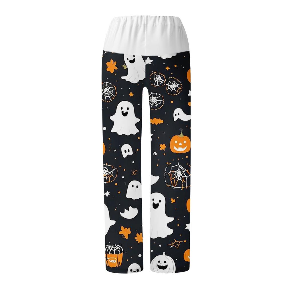 Women's Drawstring Elastic Waistband Wide Leg Color Matching Halloween Printed Casual Pants